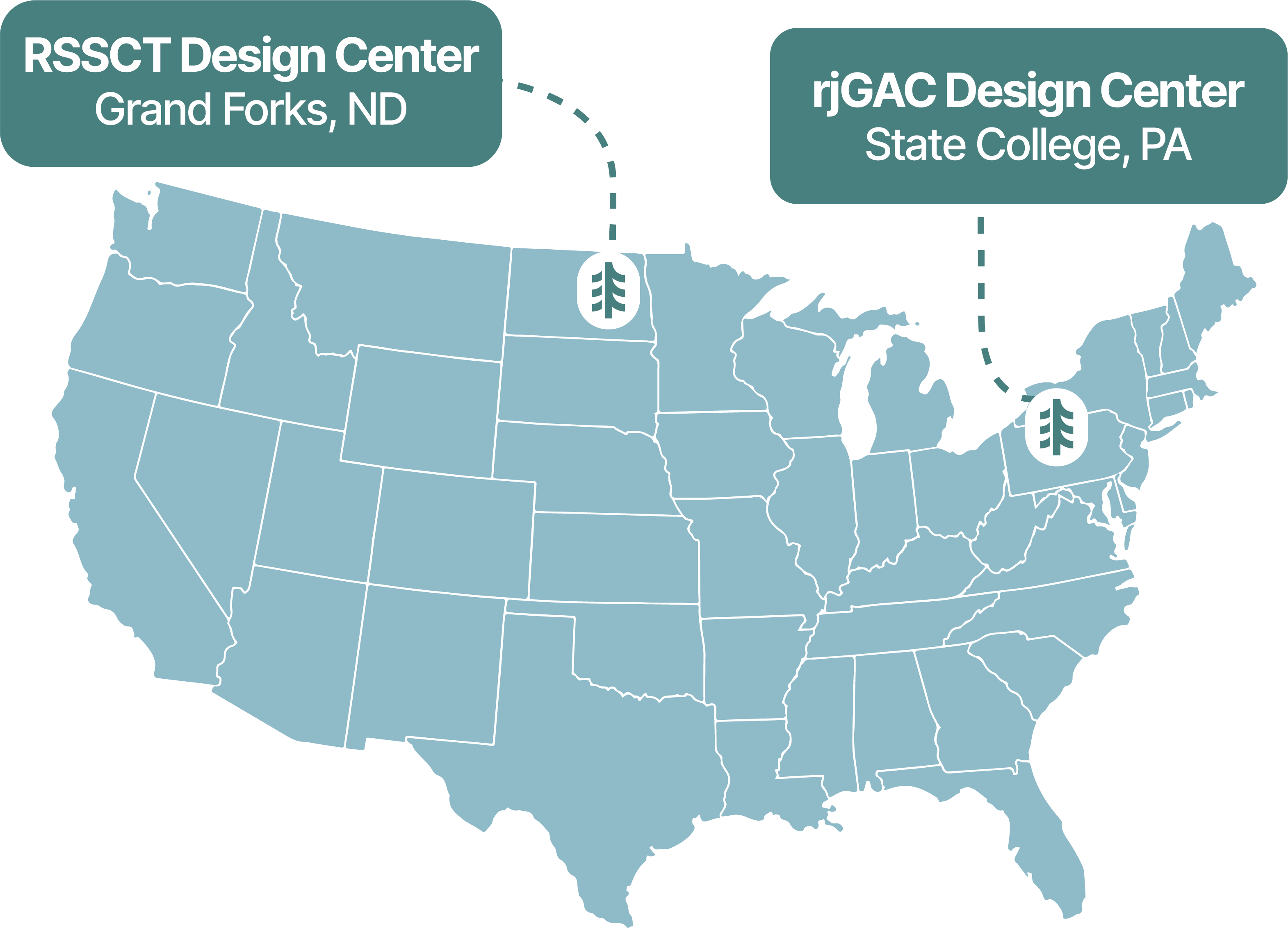 Map of Birchtech design center locations across the U.S.